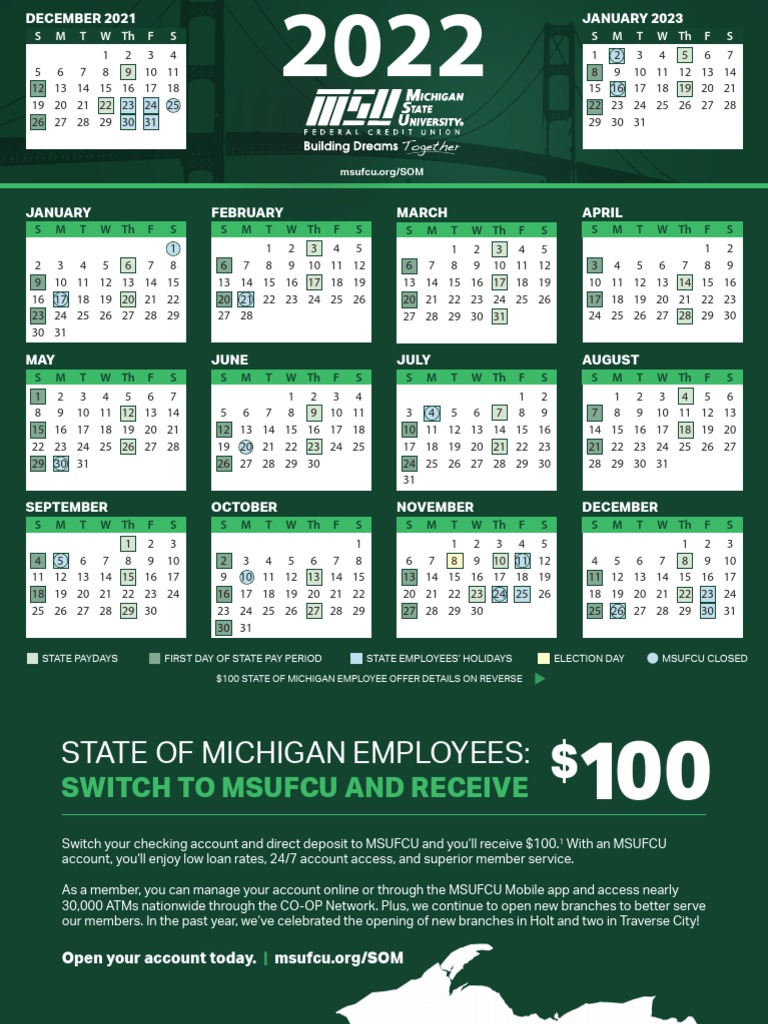 MSU Credit Union Calendar & MI Holidays 2022 PDF Transaction