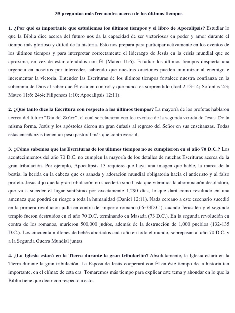 35 Preguntas Más Frecuentes Acerca de Los Últimos Tiempos | PDF | Gran ...