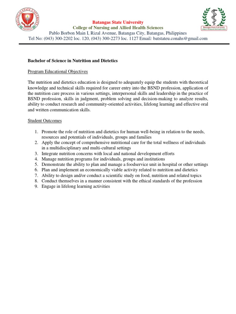 Bachelor of Science in Nutrition and Diatetics 2 PDF Dietitian