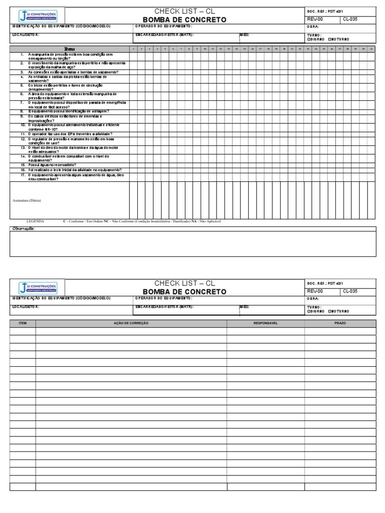 Bomba de Concreto Check List | PDF