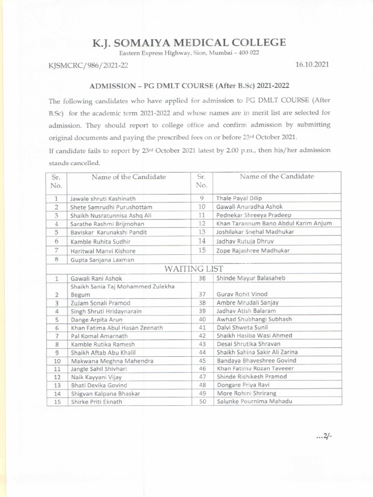 Merit List PG DMLT Course | PDF