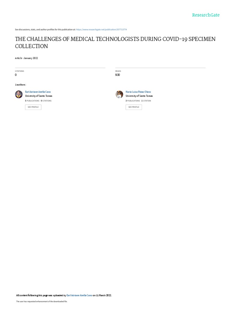 The Challenges of Medical Technologists During Covid19 Specimen