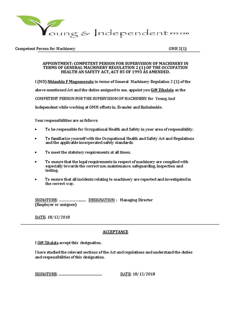Competent Person Appointment GMR 2.1 | PDF | Finance & Money Management ...