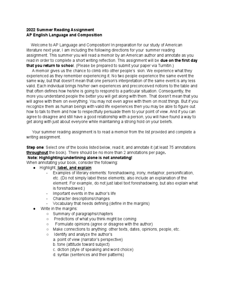 Summer Reading Assignment AP Language and Composition Eng III PDF