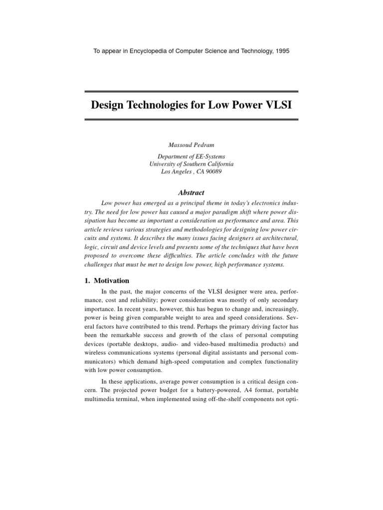 Design Technologies For Low Power VLSI: To Appear in Encyclopedia of ...