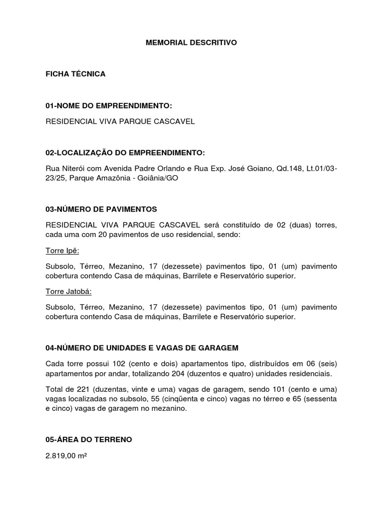 Memorial Descritivo - Residencial Viva Parque | PDF | Casa | Projeto ...