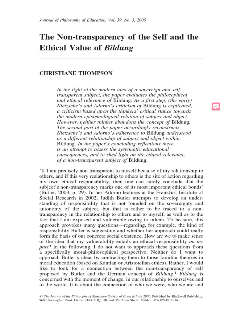 The NonTransparency of The Self and The Ethical Value of Bildung PDF