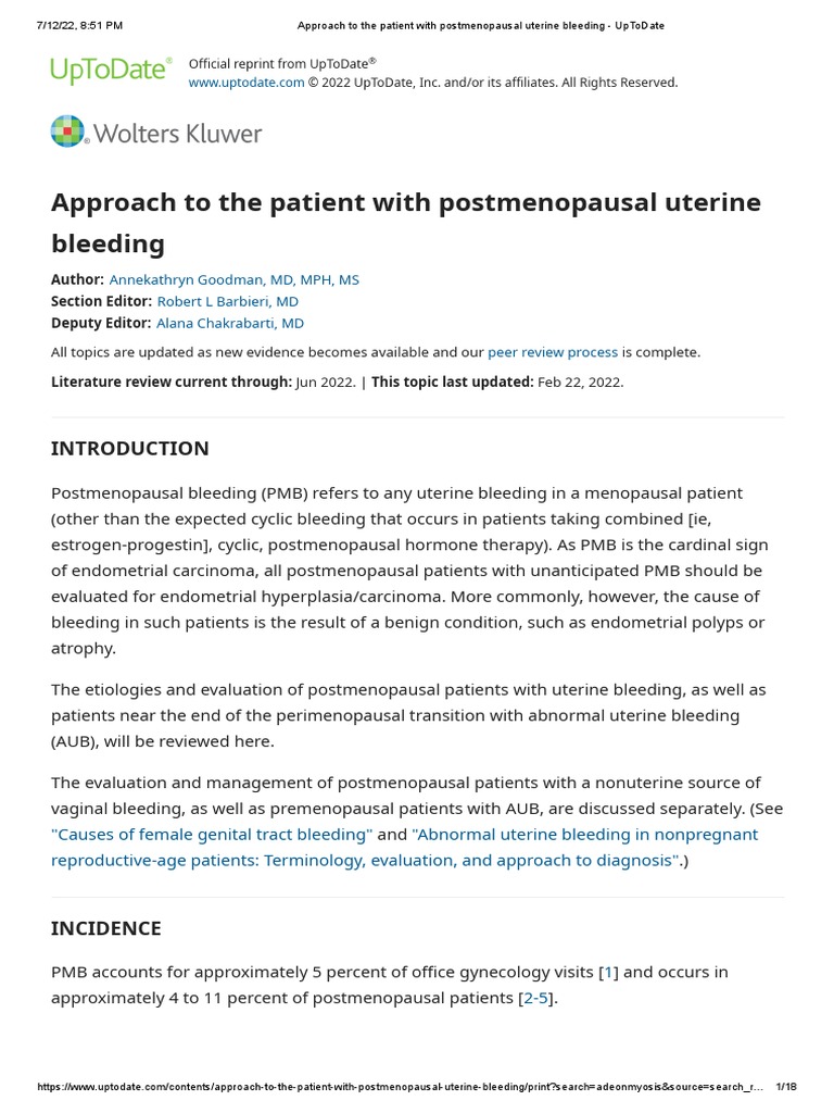 Approach To The Patient With Postmenopausal Uterine Bleeding UpToDate PDF Menopause Cancer