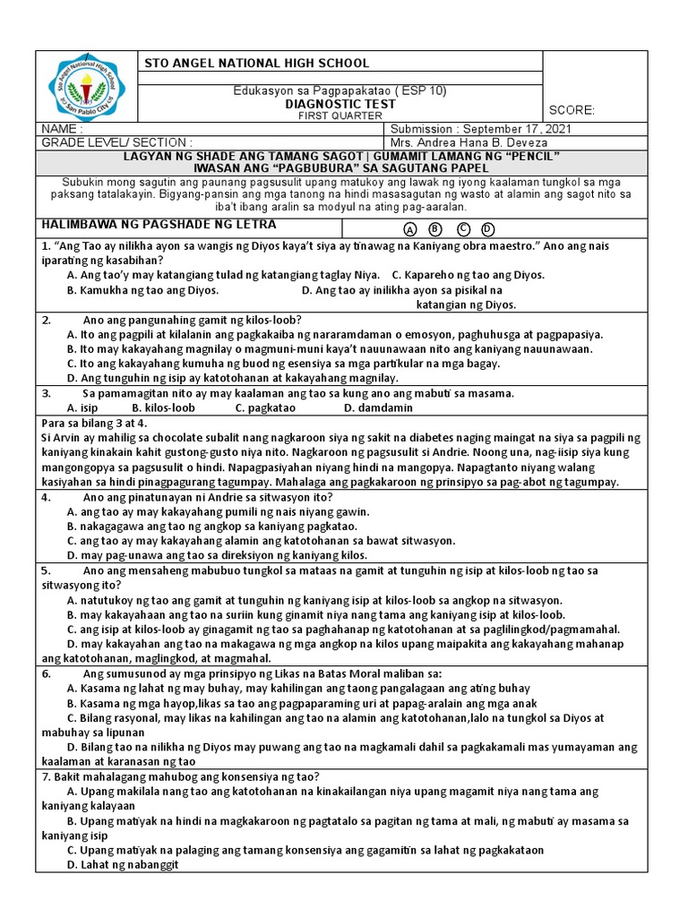 Diagnostic Test Q 1 Esp | PDF