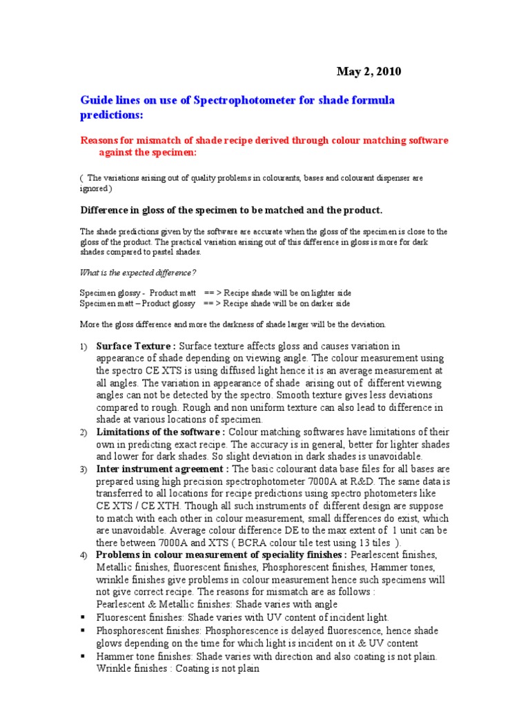 Guide Lines On Use of Spectrophotometer For Shade Formula Predictions