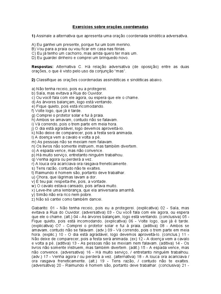 Exercícios sobre Oração Coordenada | PDF