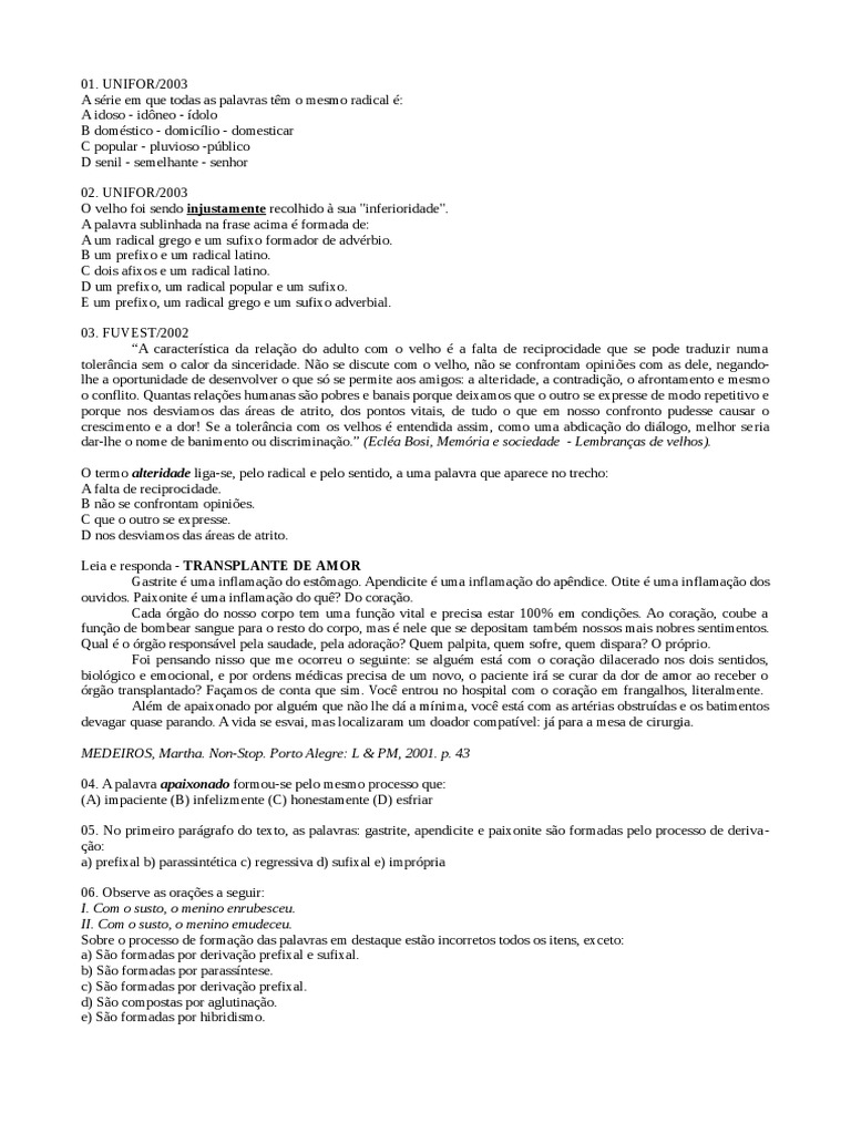 Exercícios de Morfologia e Interpretação | PDF | Coração | Linguística