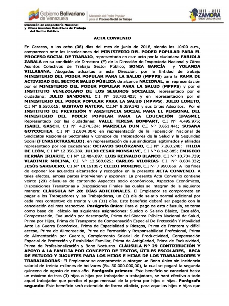 Acta Convenio Del Sector Salud 08 de Junio 2018 Fenasistrasalud | PDF