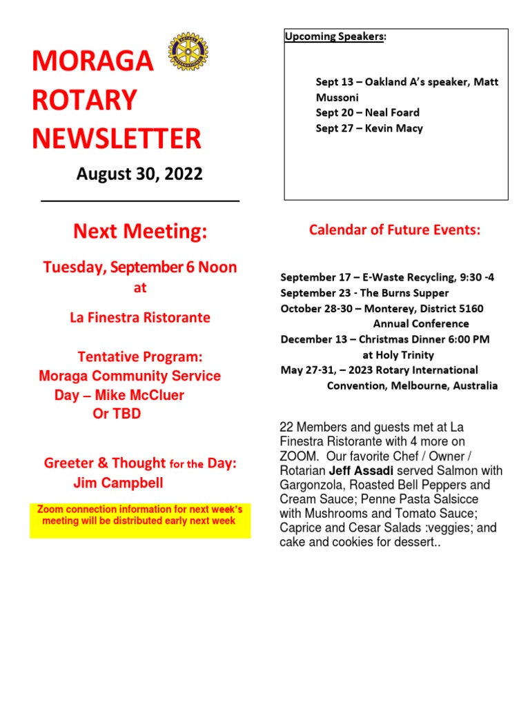 Moraga Rotary Newsletter August 30. 2022 | PDF | Foods