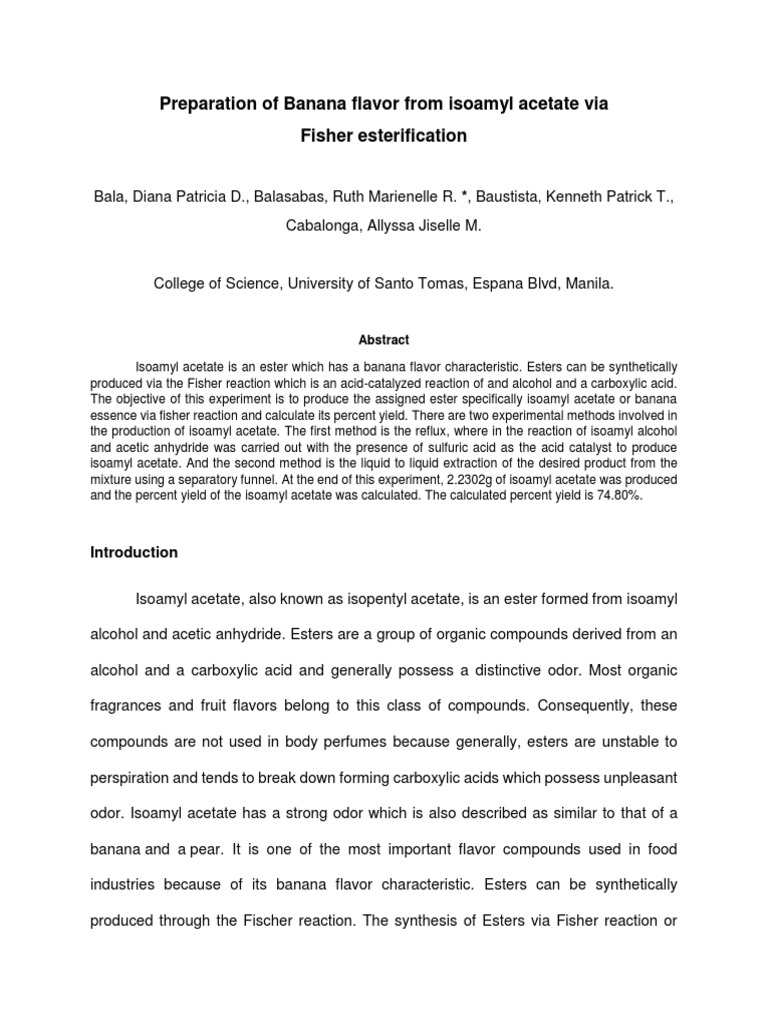 Synthesis and Characterization of Banana Flavor Isoamyl Acetate via