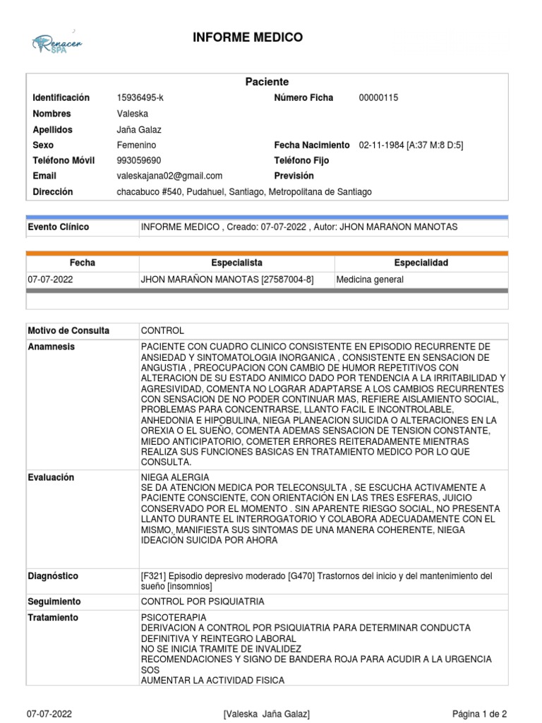 Informe Medico 07jul2022 | PDF | Depresión (estado de ánimo) | Salud mental