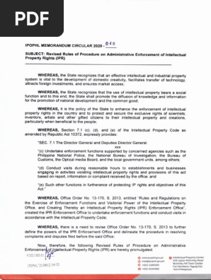 IPOPHL MEMORANDUM CIRCULAR NO. 2020- 049_Revised Rules of Procedure on Administrative Enforcement of Intellectual Property Rights