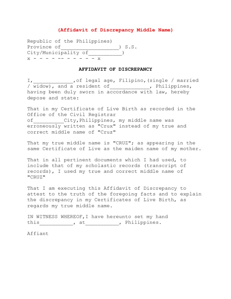 Affidavit Of Discrepancy Middle Name