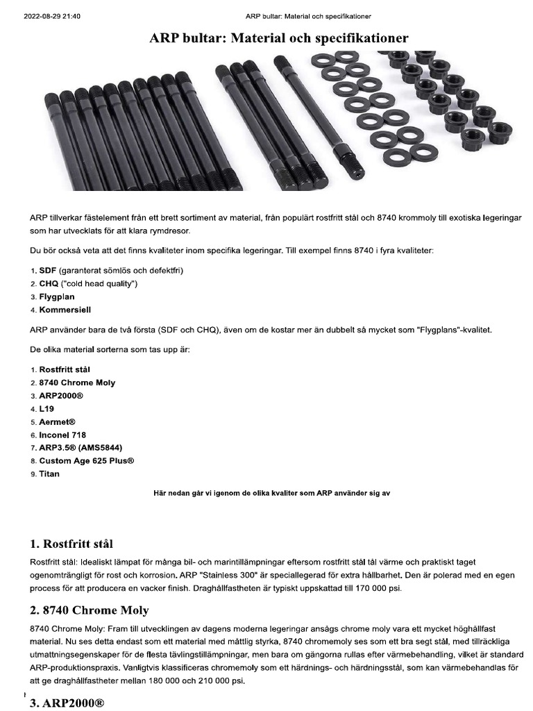 ARP Bultar - Material Och Specifikationer | PDF