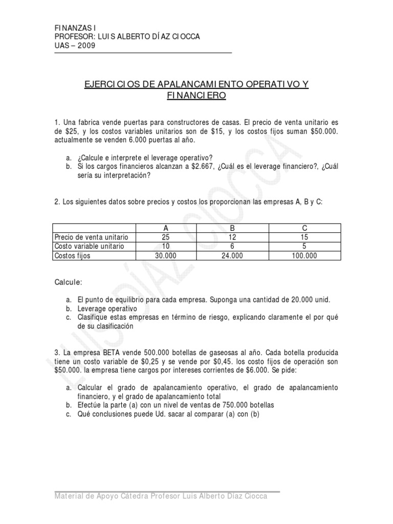 Ejercicios de Apalancamiento Financiero y Operativo | PDF | Economias ...