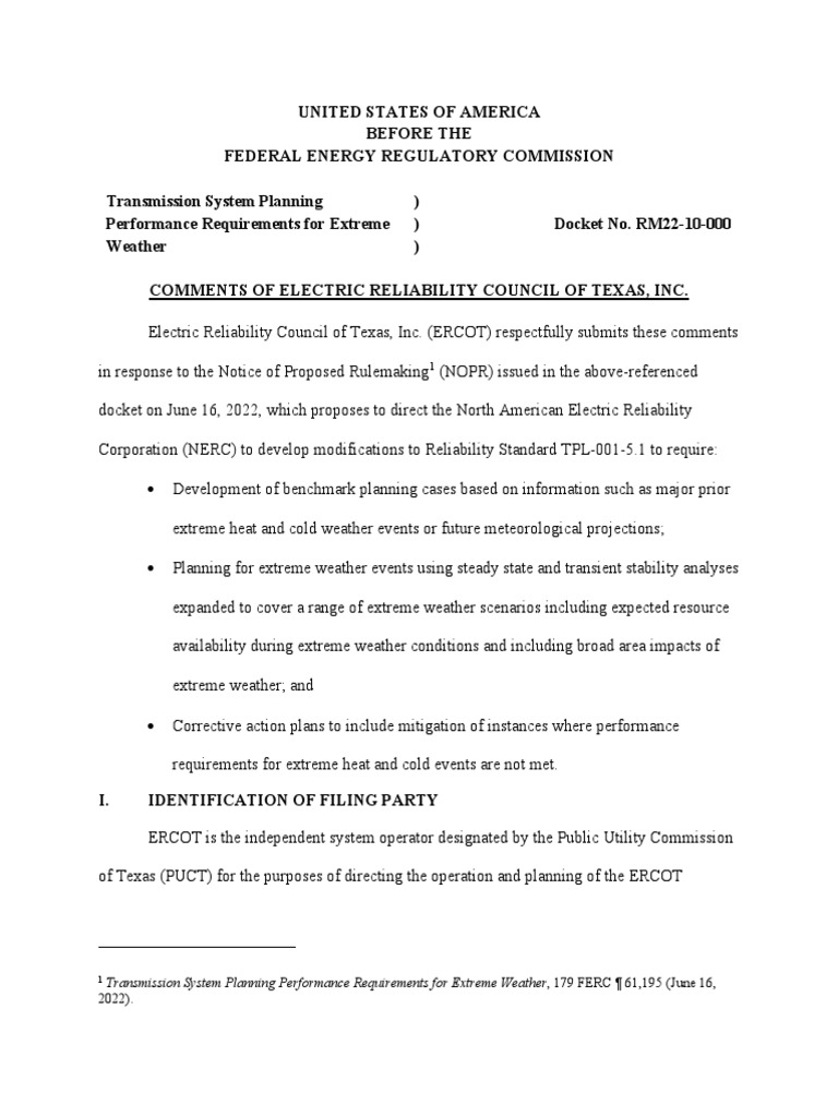 ERCOT Comments on FERC Weather Rule | PDF | Electric Power Transmission ...