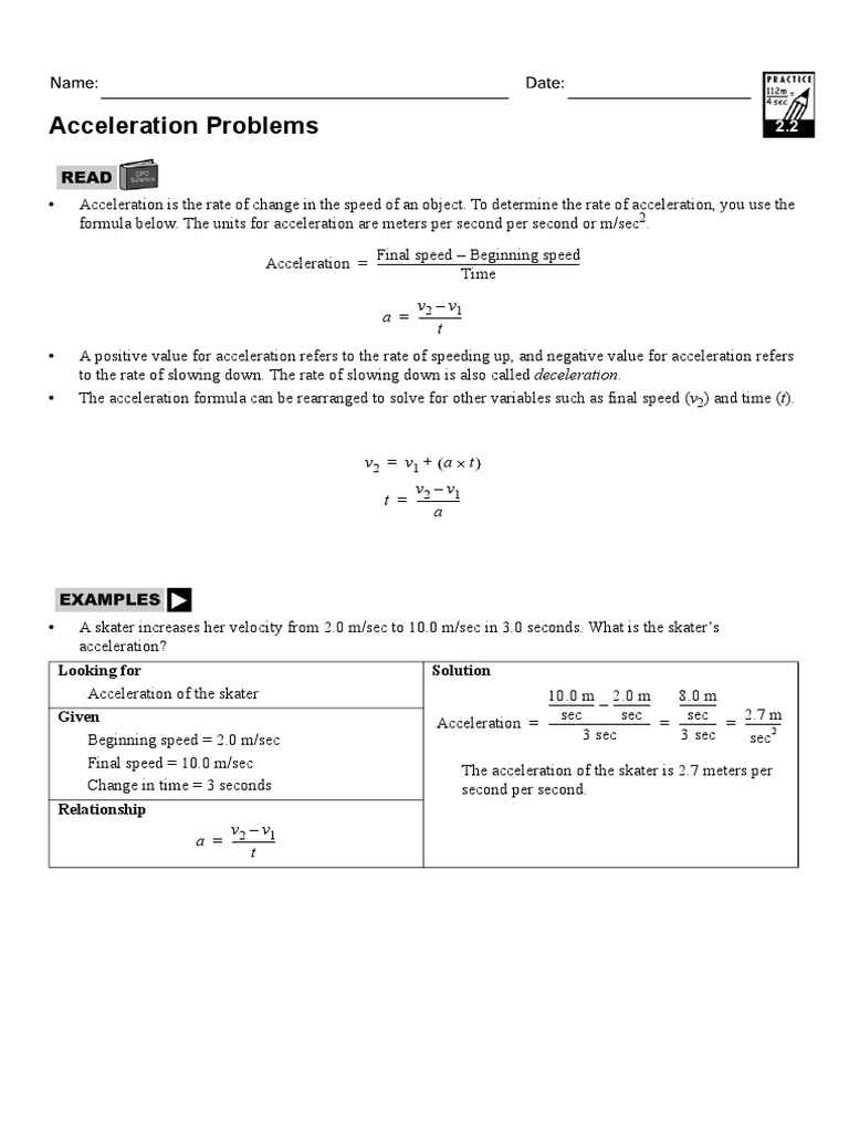 Acceleration Problems PDF Force Acceleration