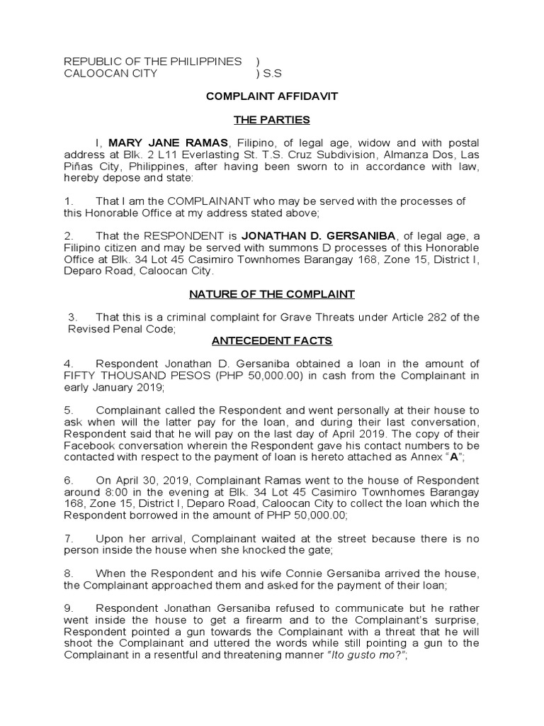 Complaint Grave Threats PDF Affidavit Crimes