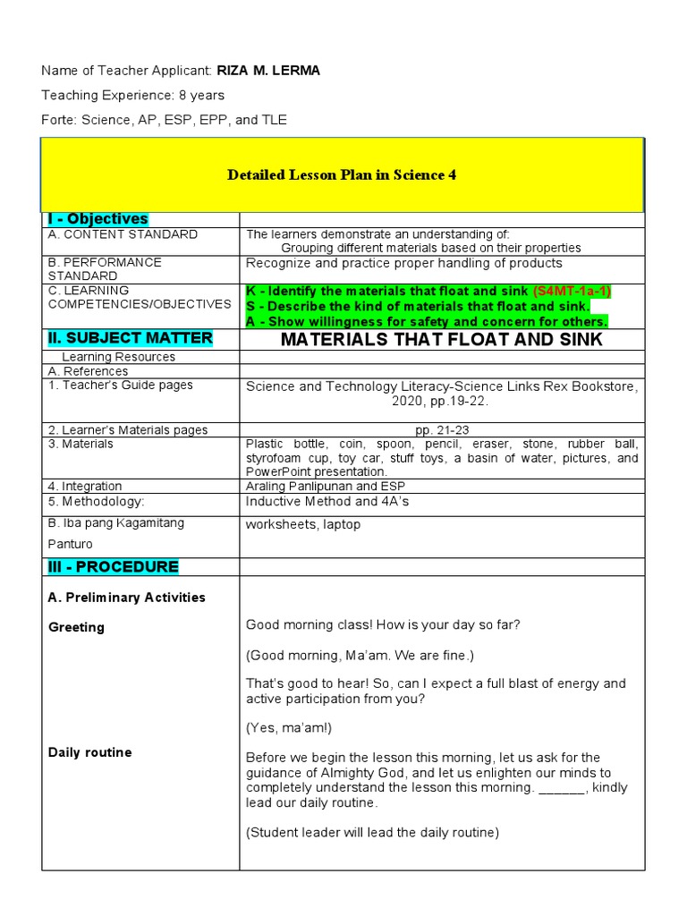 Sinking and Floating LP | PDF | Lesson Plan | Learning