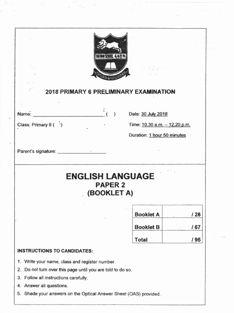 P6 English SA2 2018 Tao Nan Exam Papers PDF