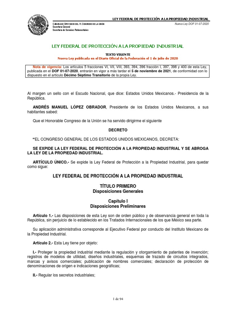 Ley Federal de Protección Industrial 2020 | PDF | Patentar | México