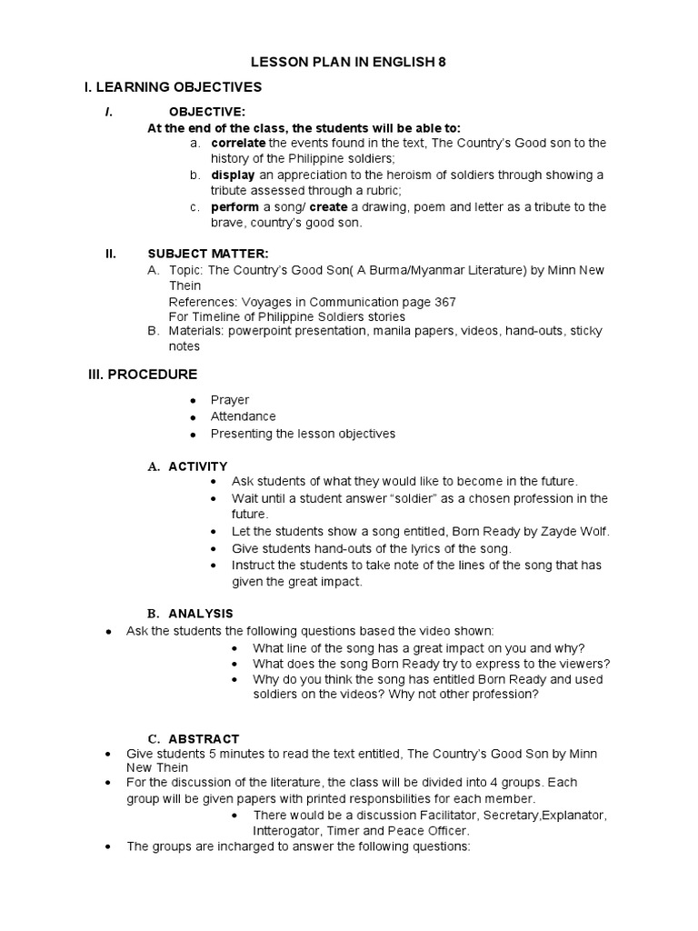 Grade 8 English Lesson Plan: Tribute to Soldiers | PDF | Lesson Plan ...