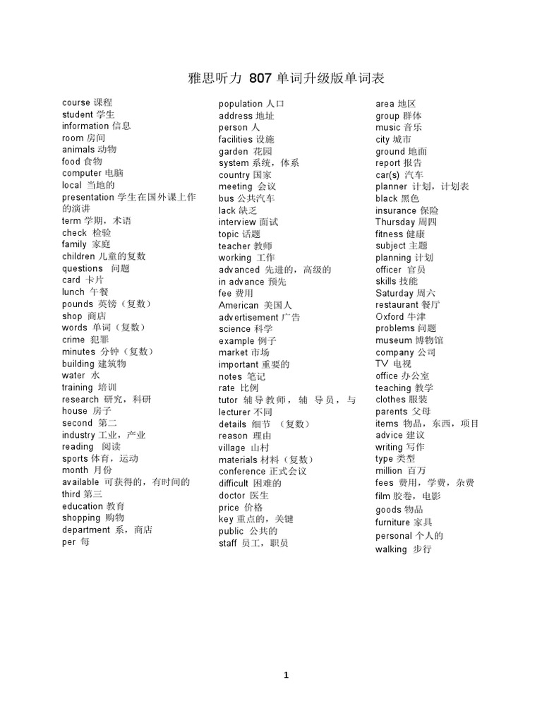 王陆雅思听力807词汇 Pdf 