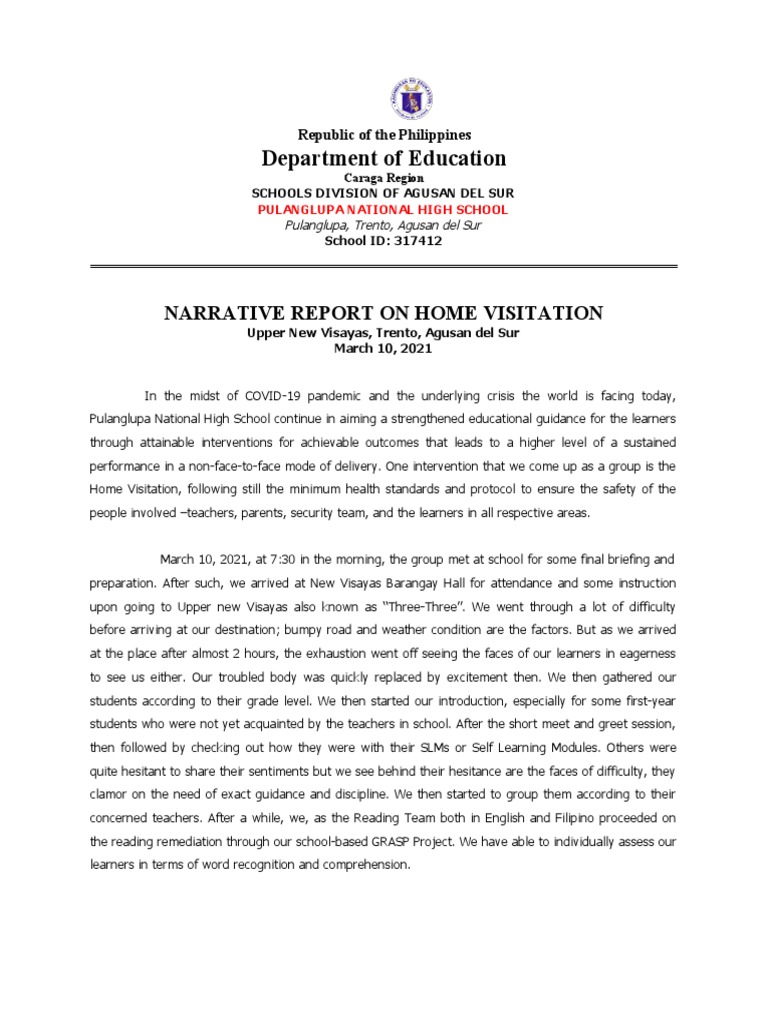 Narrative Report Home Visitation PDF Teachers Learning