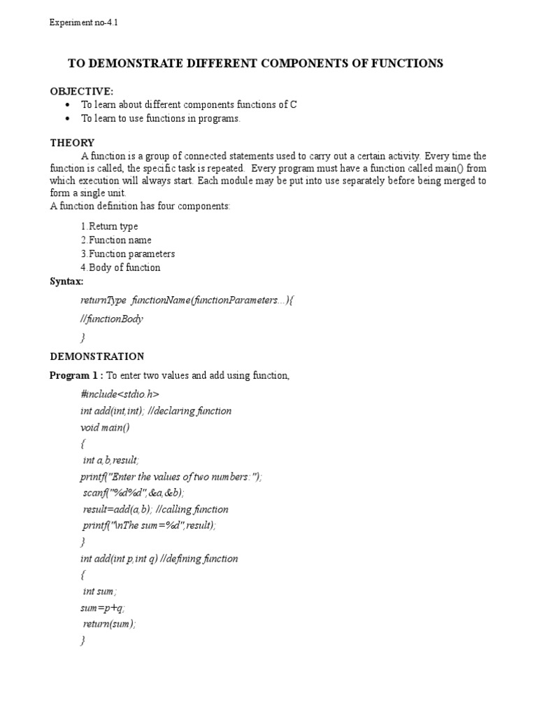 Labreport On Demonstrating Differnent Components of Function in C ...