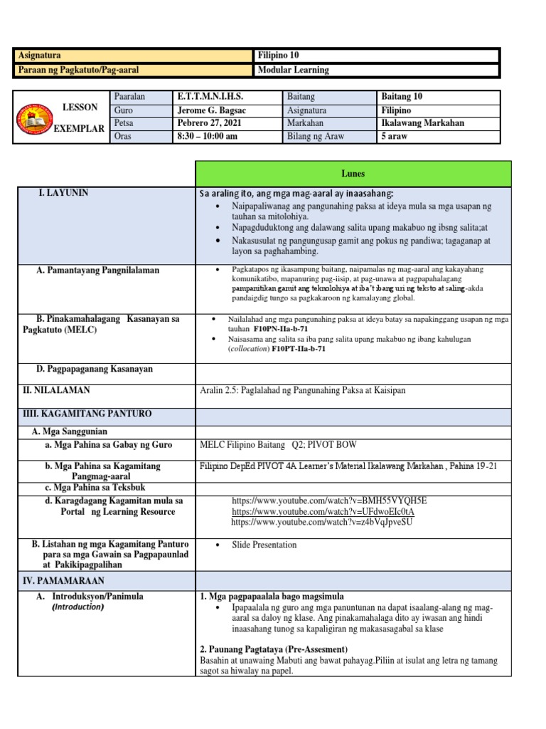 Lesson Exemplar - Cot 1 | PDF