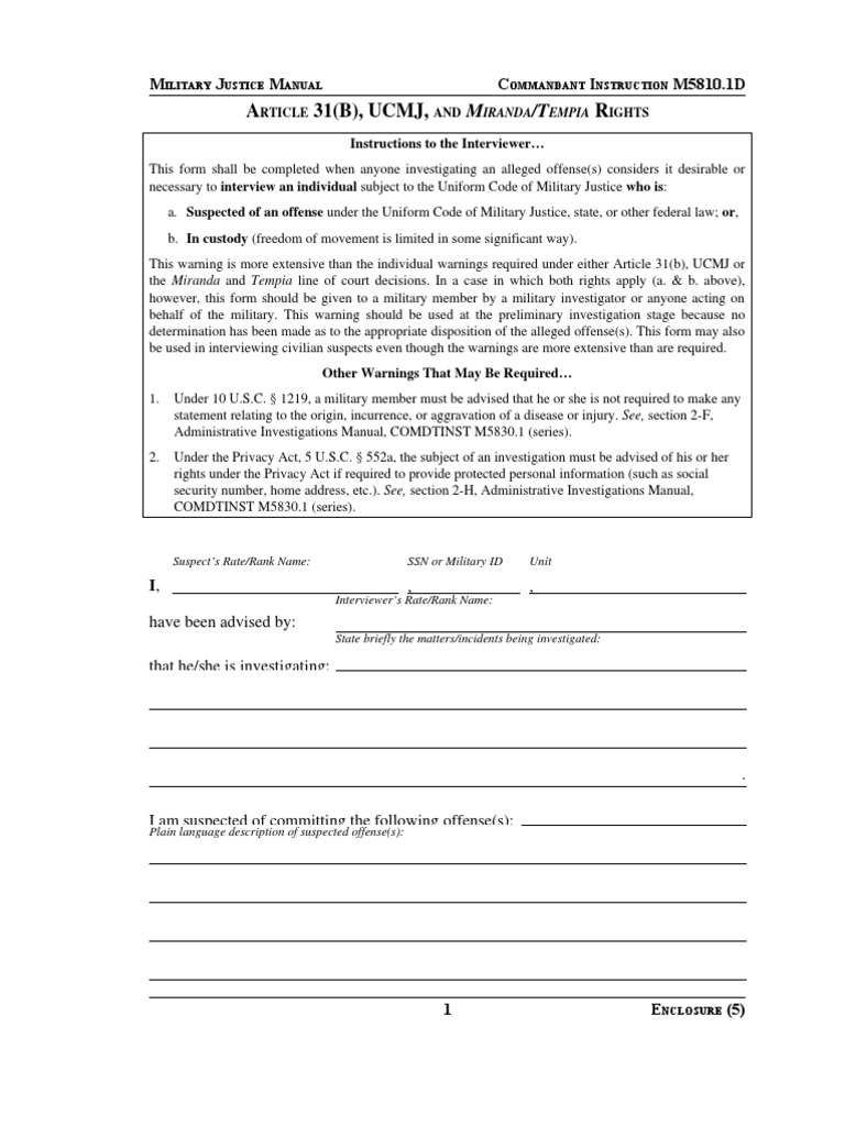 Article 31(b) Rights in Military Justice | PDF | Uniform Code Of ...