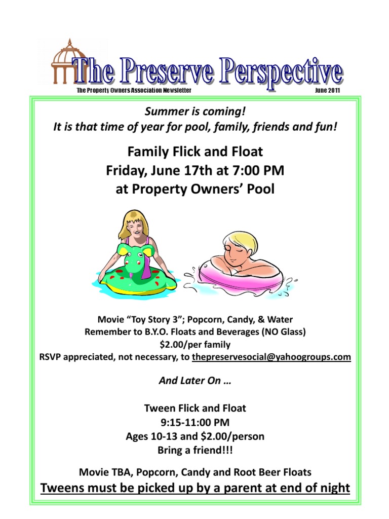 Family Flick and Float Friday, June 17th at 7:00 PM at Property Owners ...