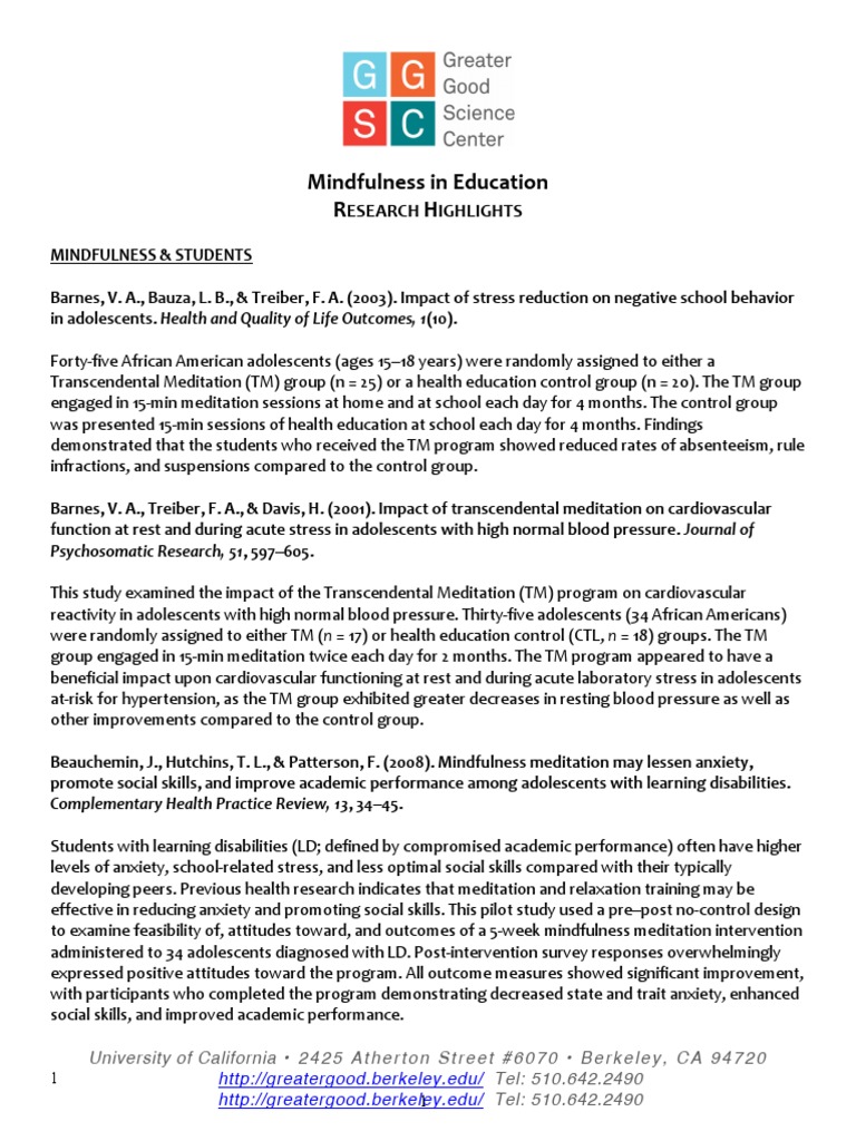 Mindfulness In Education Research Highlights Download Free Pdf