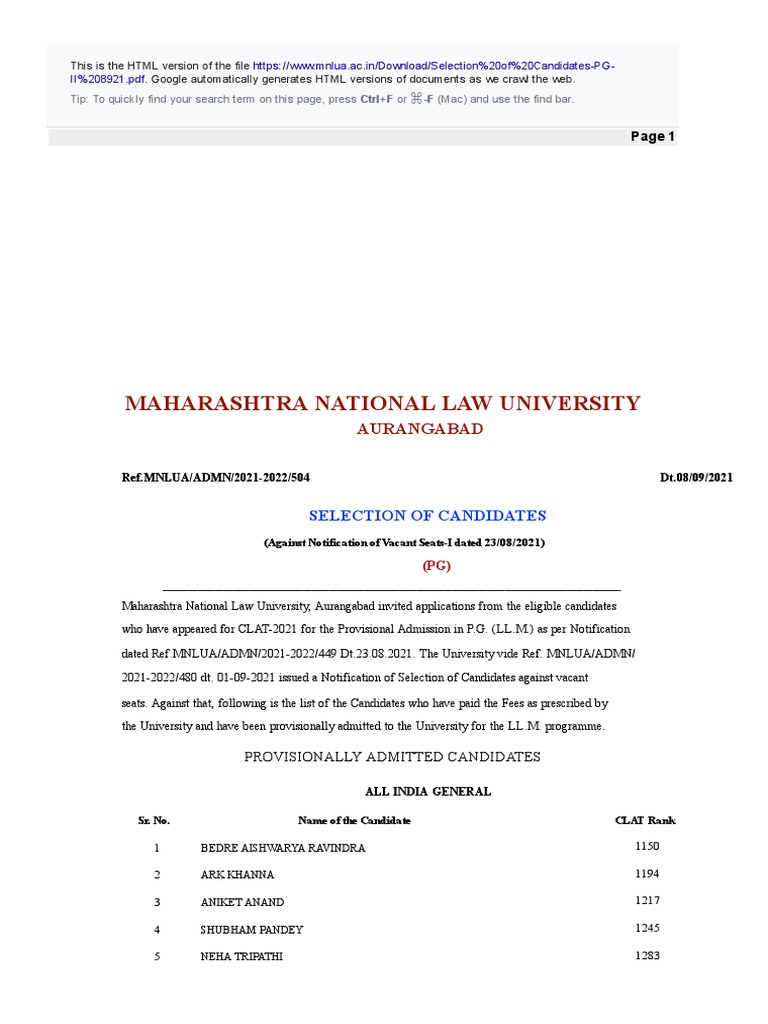Mnlu Aurangabad PG List 2021 | PDF
