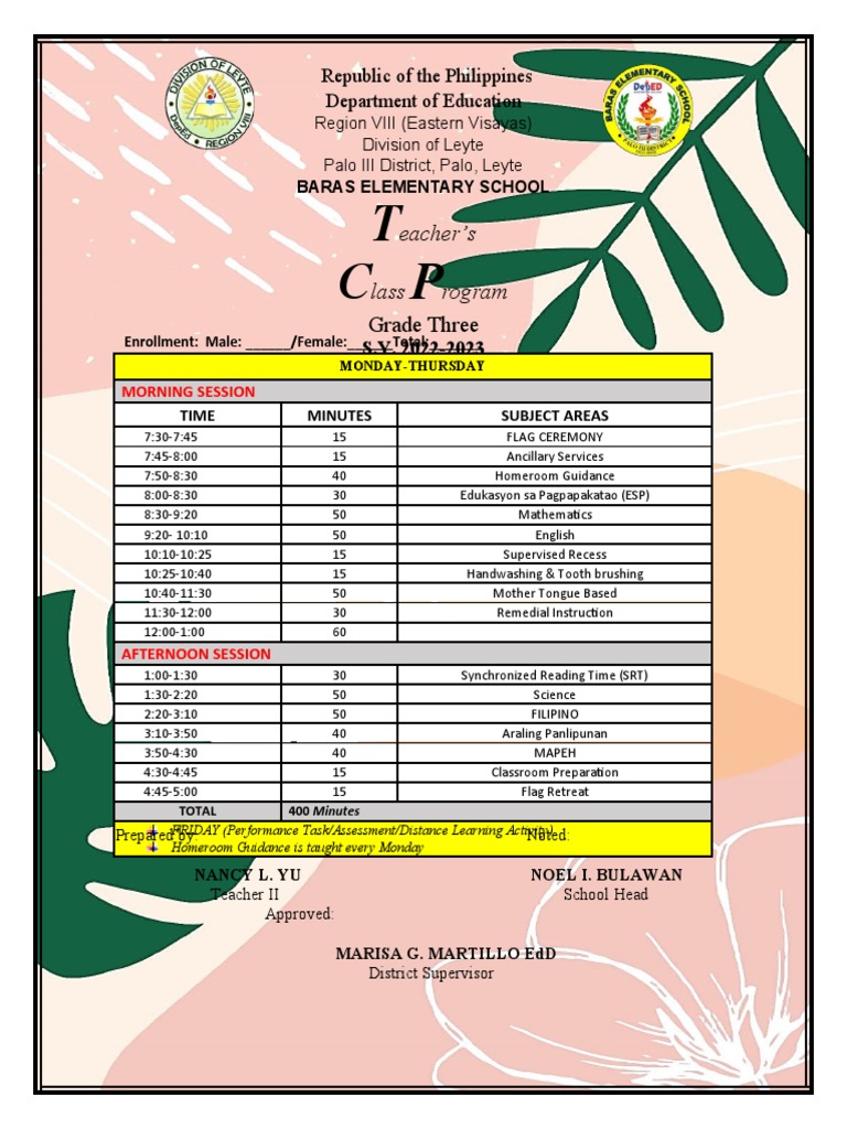 Grade 3 Class Program 20222023 PDF Schools Learning