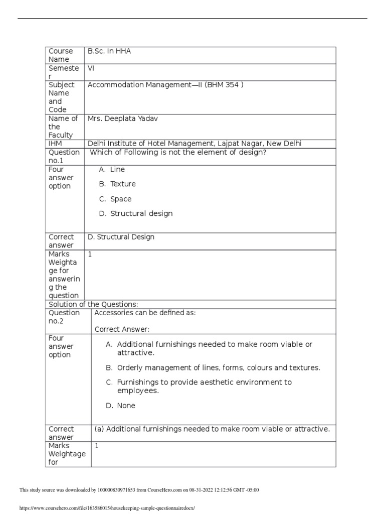 Housekeeping Sample Questionnaire PDF Materials