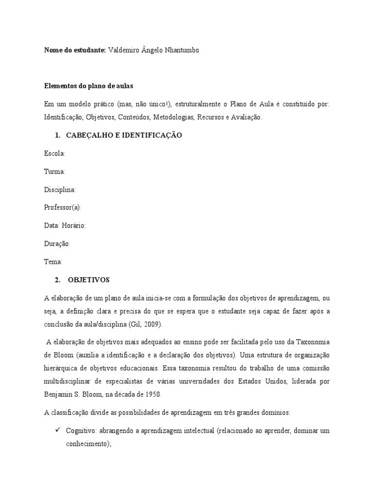 Elementos Do Plano de Aula | PDF | Aprendizado | Lição