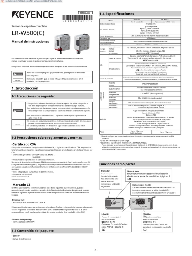 Manual del Sensor Keyence LR-W500C | PDF | Calibración | Fuente de ...