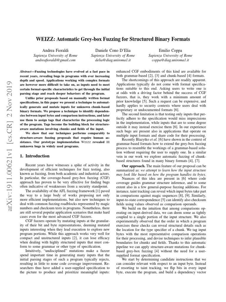 WEIZZ Automatic GreyBox Fuzzing For Structured Binary Formats PDF