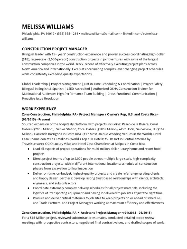 Construction Project Manager Resume PDF Engineering Economic Sectors