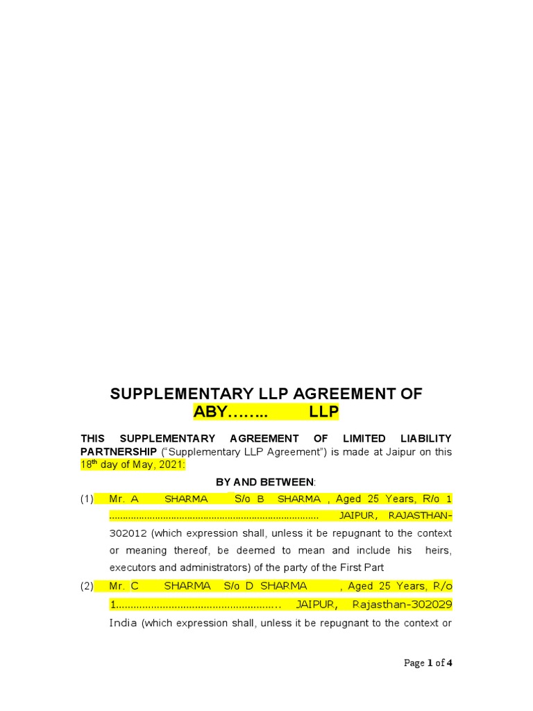 Format of supplementary llp agreement for admission and resignation of