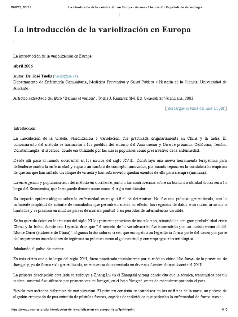 La Introducción de La Variolización en Europa - Vacunas - Asociación ...