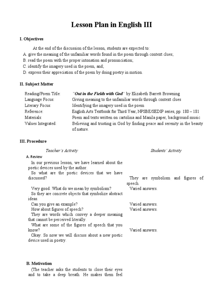 Lesson Plan in English III | PDF | Poetry | English Language