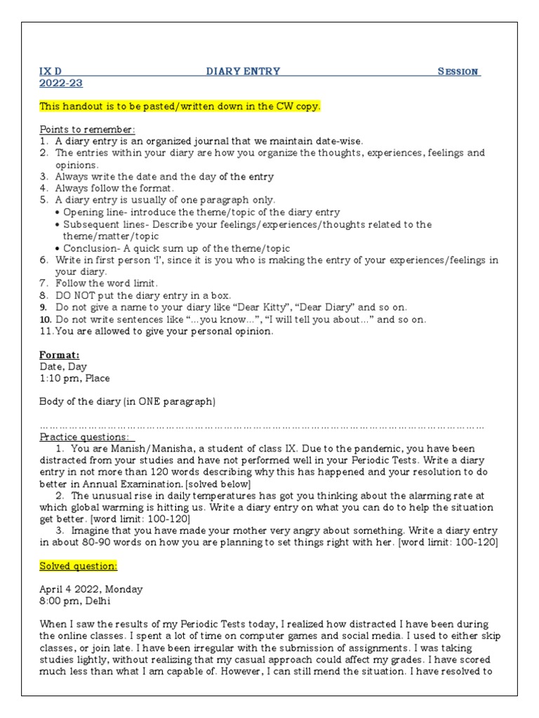 CLASS IX Writing Task-Diary Entry 2022 | PDF | Diary | Cognition