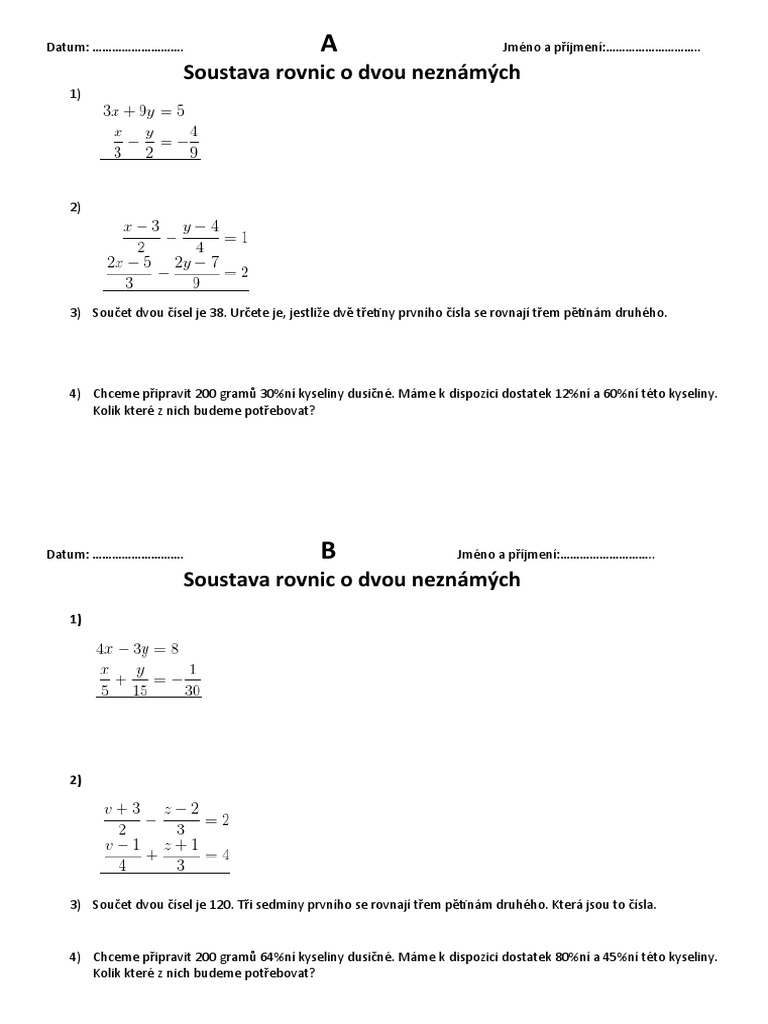 Soustava Dvou Rovnic - Test | PDF